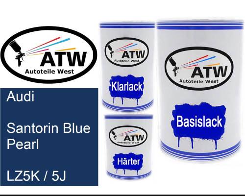 Audi, Santorin Blue Pearl, LZ5K / 5J: 500ml Lackdose + 500ml Klarlack + 250ml Härter - Set, von ATW Autoteile West.